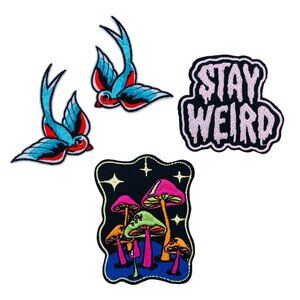 Set Of 4 Embroidered Iron-On Patches Swallows "Stay Weird" Psychedelic Mushrooms